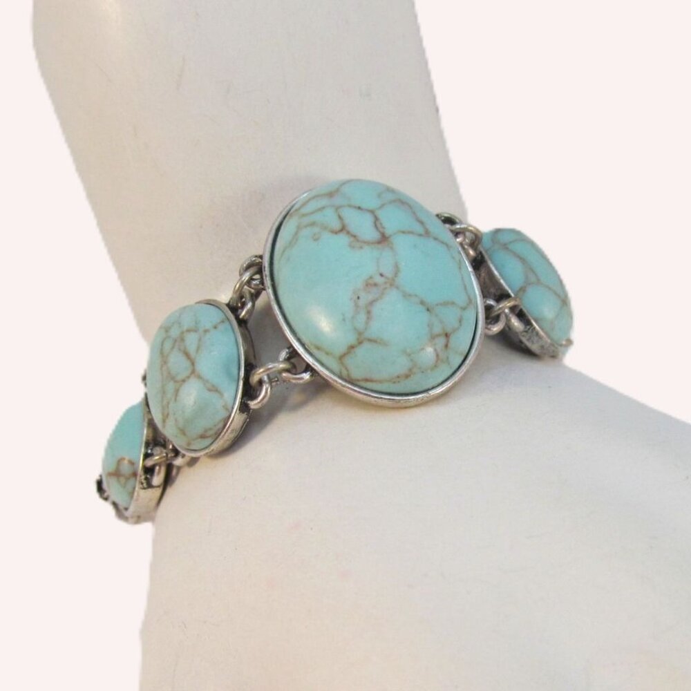 Faux Turquoise Link Bracelet Signed Fossil Size 7.5